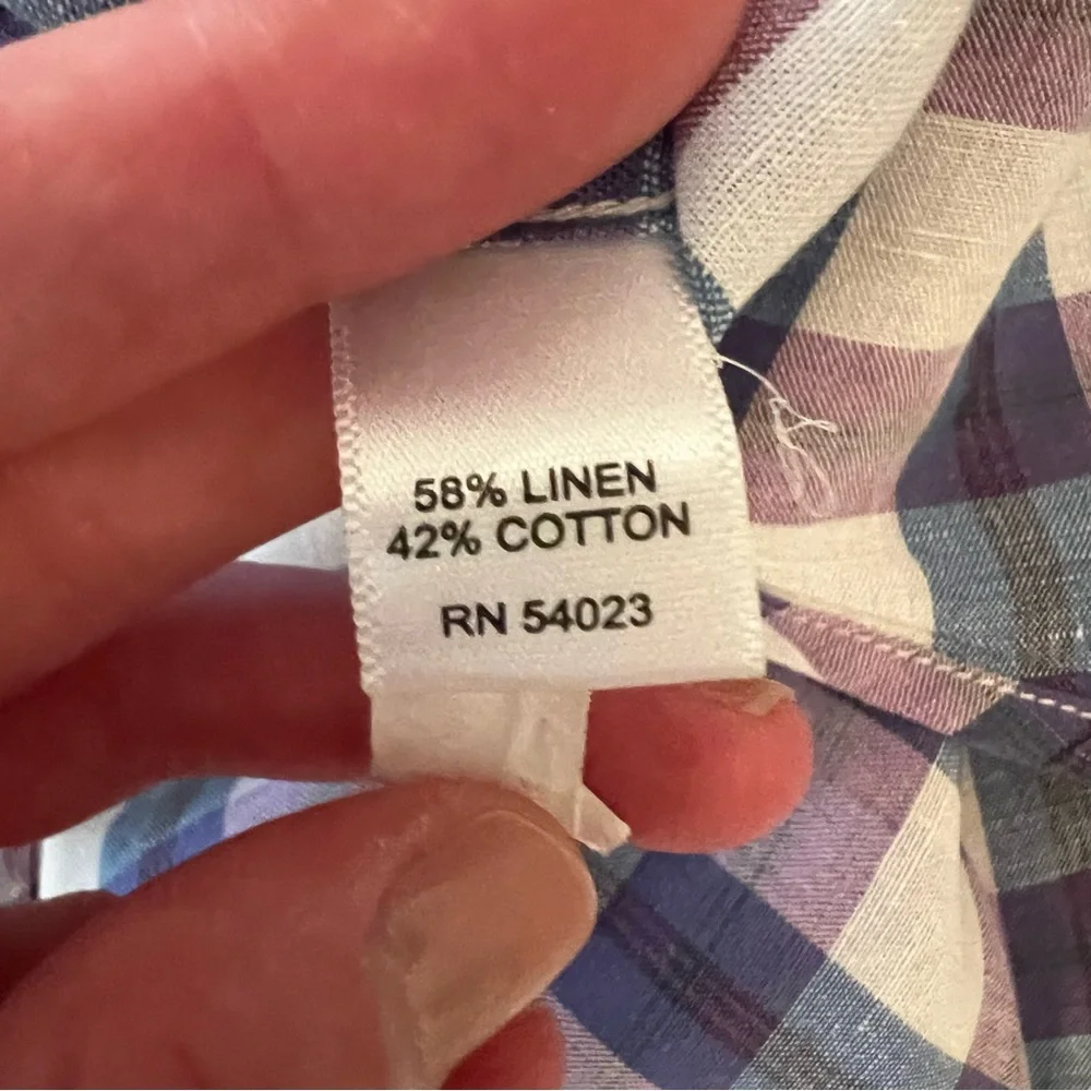 Banana Republic Cotton Linen Purple Plaid Button Down Shirt XL Like New‎
